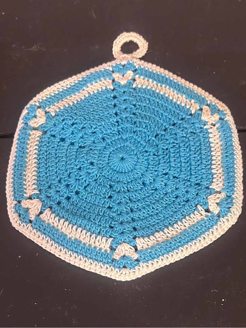Vintage Handmade Crocheted Hexagon Potholder Hot Pad Blue White Hanging Loop